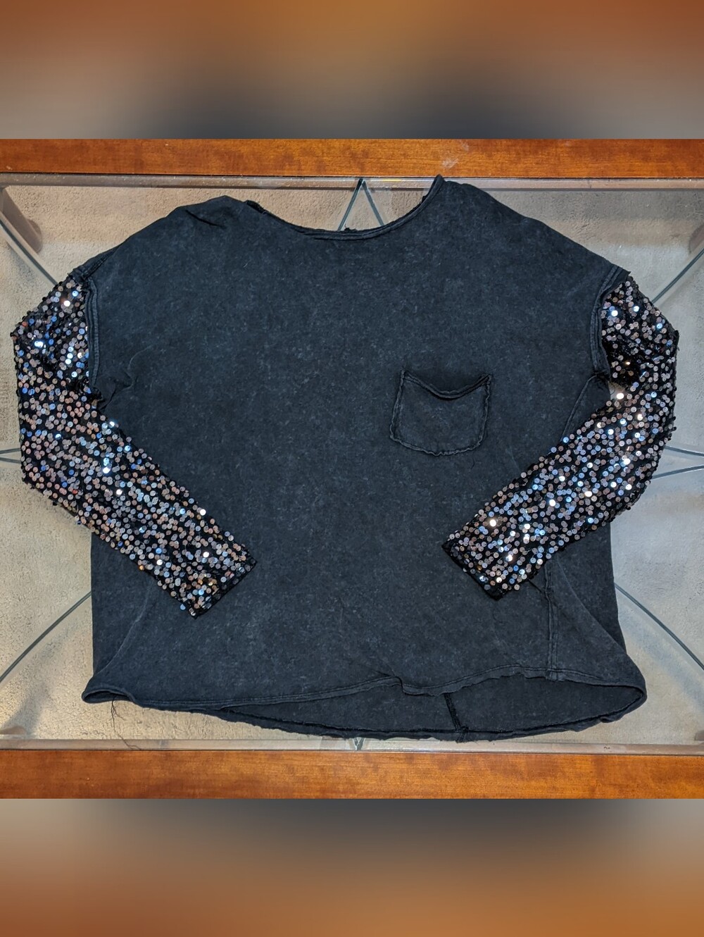 Urban Outfitters Sequined-Sleeve Asymmetric Long Sleeve Top With Pocket Size L